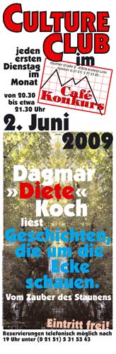 Plakat Culture Club Lesung im Café Konkurs, Dagmar Diete Koch